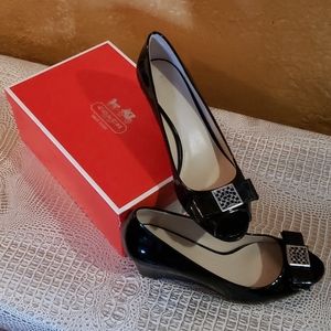 Coach Gretchen Patten leather open toe pumps